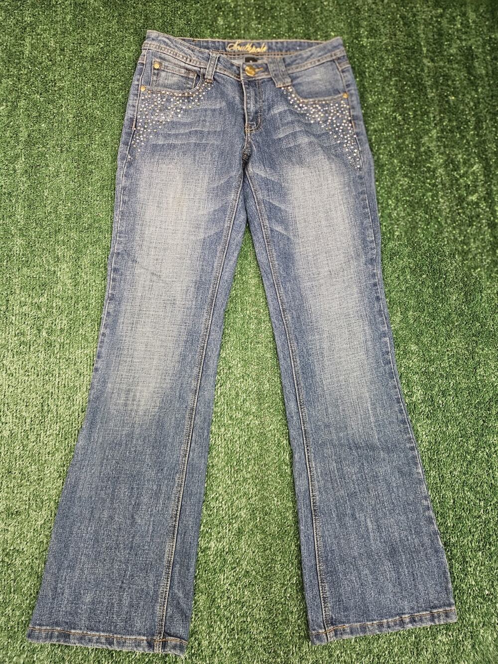 Southpole Rhinestone Embellished Pockets Boot Cut Stretch Denim Jeans Size 7